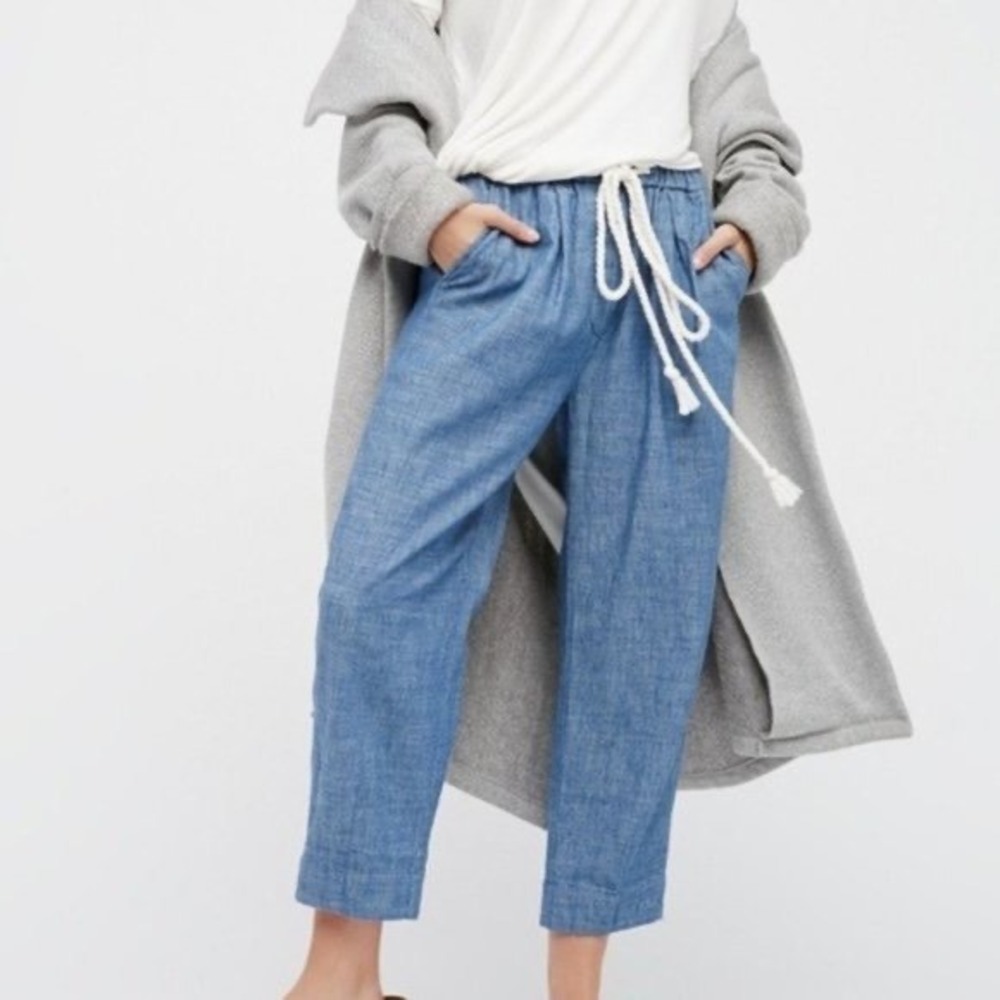 Free People Women Blue Cotton Linen Chambray Rope Drawstring Crop Pants Large